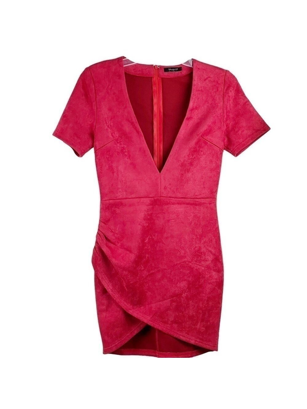 New-Shop17 Suede, Deep V Neck, Ruched, Crossover Hem, Short Sleeve Mini Dress SM